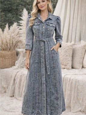 VENUS Denim Midi Maxi Dress Belted Button Front Puff Sleeve Blue Jean Dress 8